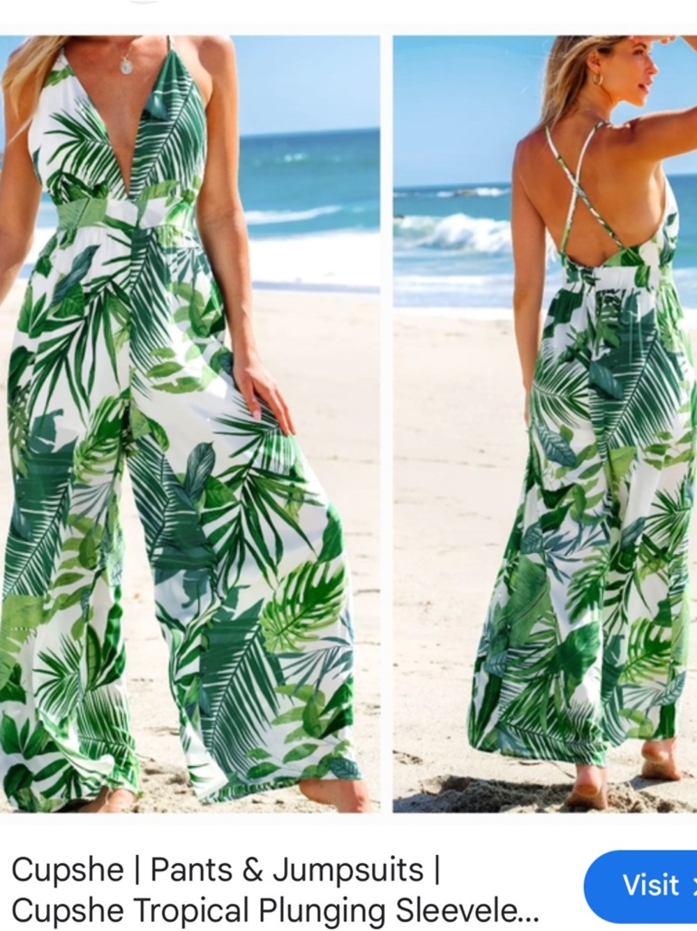 Cupshe White and Green Tropical Plunging Wide-Leg Jumpsuit